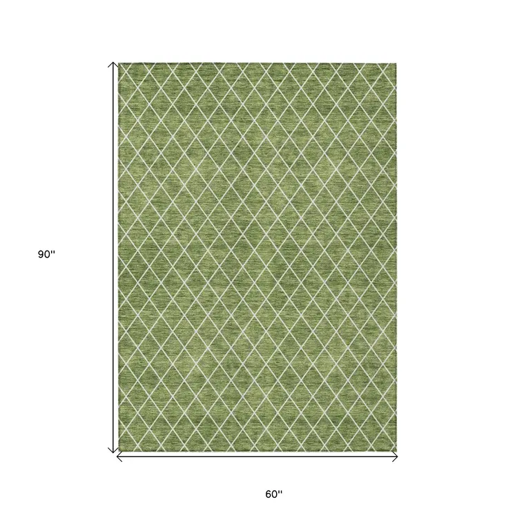 5' X 8' Green And Ivory Geometric Washable Indoor Outdoor Area Rug