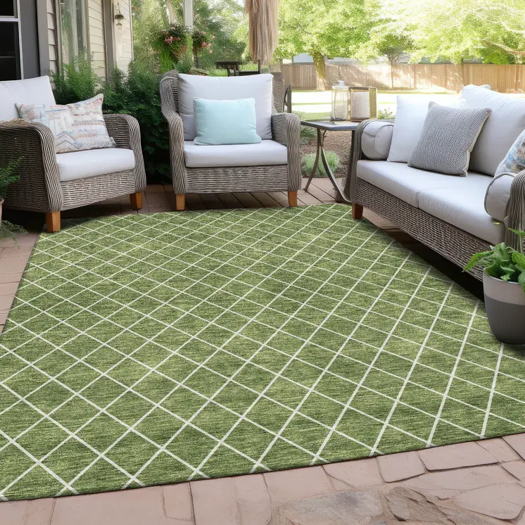5' X 8' Green And Ivory Geometric Washable Indoor Outdoor Area Rug