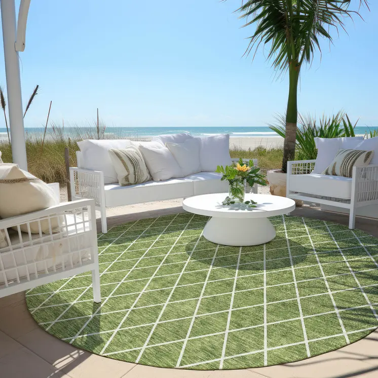 8' Green And Ivory Round Geometric Washable Indoor Outdoor Area Rug
