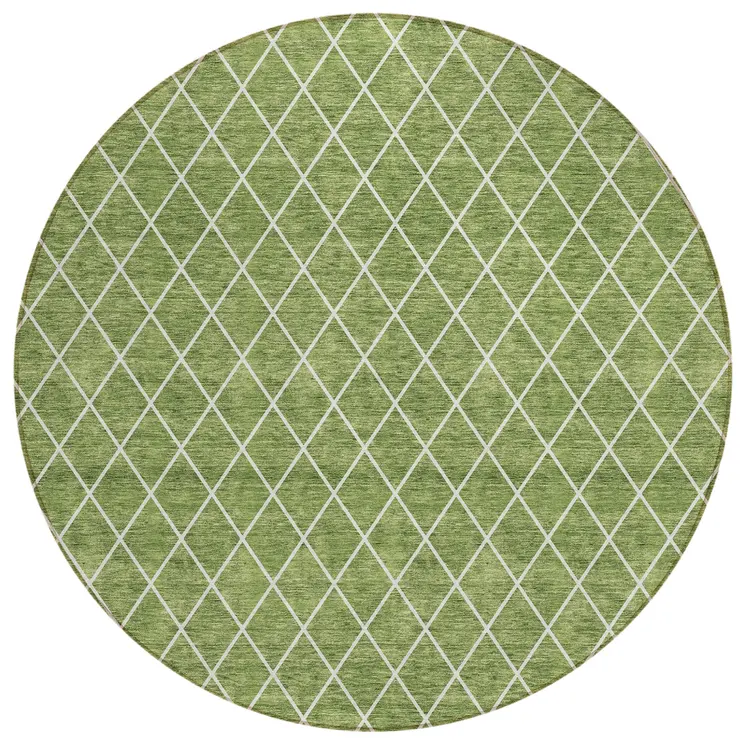 8' Green And Ivory Round Geometric Washable Indoor Outdoor Area Rug