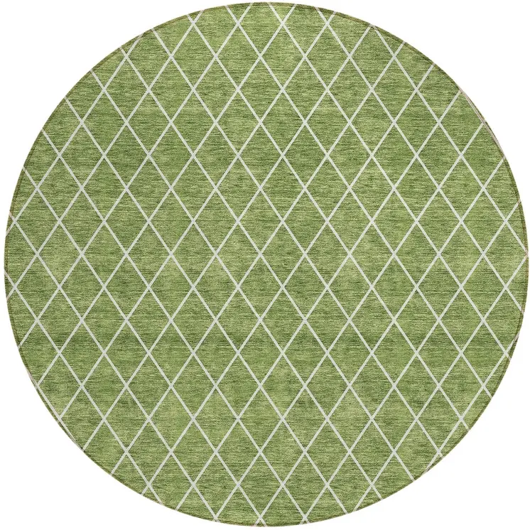 8' Green And Ivory Round Geometric Washable Indoor Outdoor Area Rug
