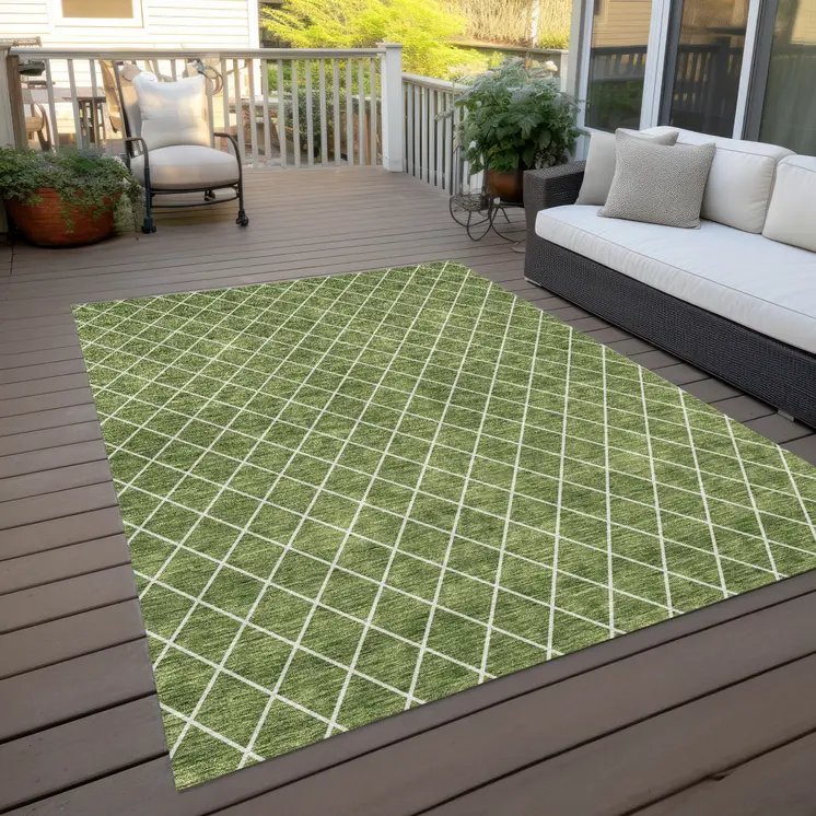 9' X 12' Green And Ivory Geometric Washable Indoor Outdoor Area Rug