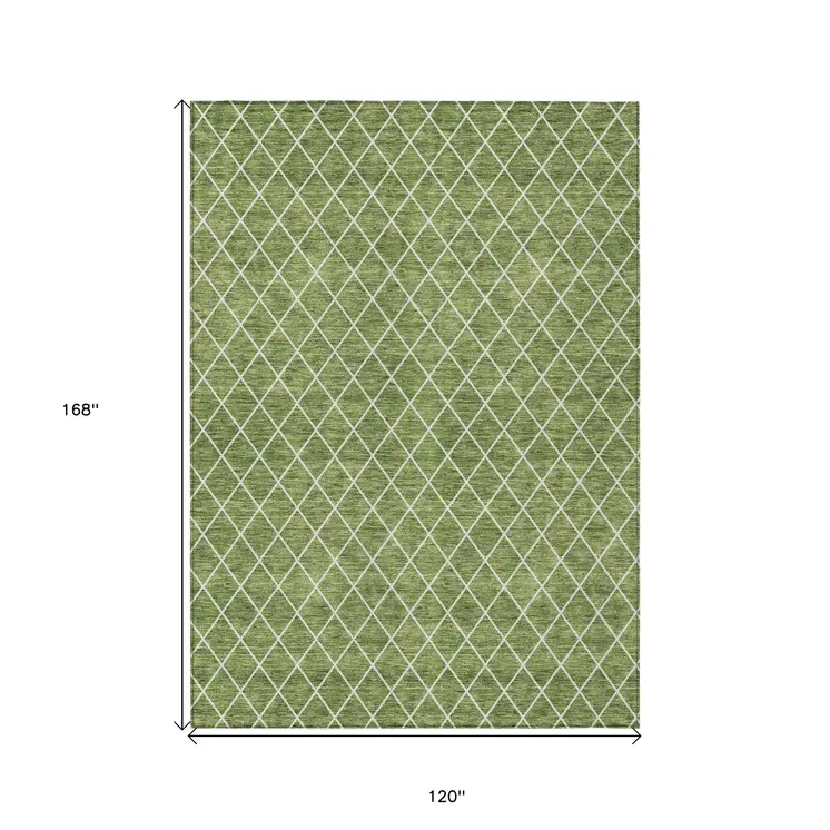 10' X 14' Green And Ivory Geometric Washable Indoor Outdoor Area Rug