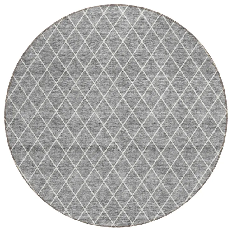 8' Gray And Ivory Round Geometric Washable Indoor Outdoor Area Rug