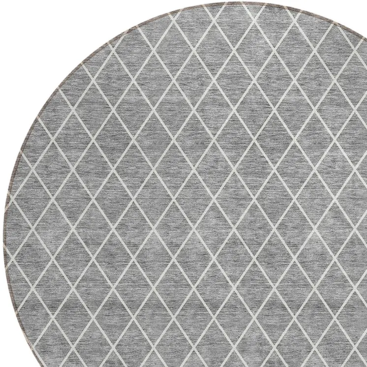 8' Gray And Ivory Round Geometric Washable Indoor Outdoor Area Rug