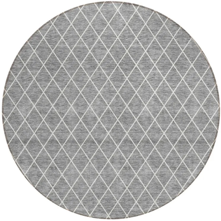 8' Gray And Ivory Round Geometric Washable Indoor Outdoor Area Rug