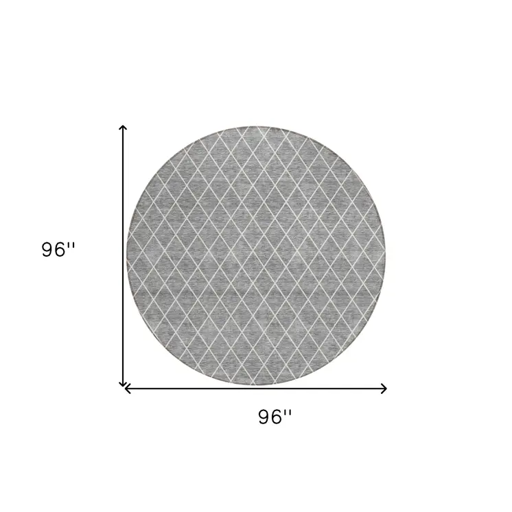 8' Gray And Ivory Round Geometric Washable Indoor Outdoor Area Rug