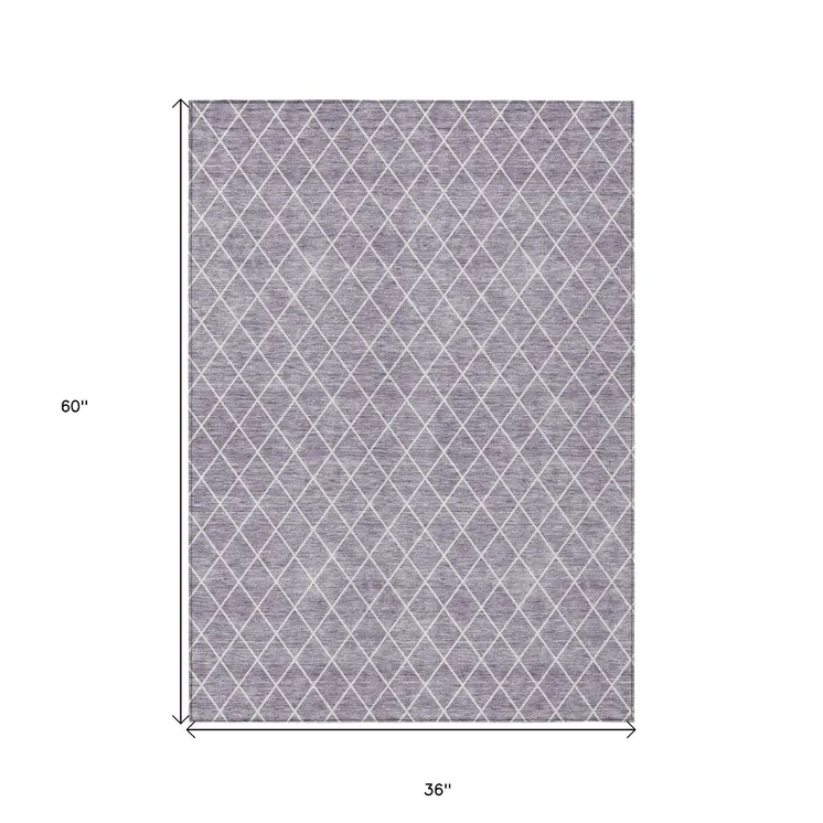 3' X 5' Lavender And Ivory Geometric Washable Indoor Outdoor Area Rug