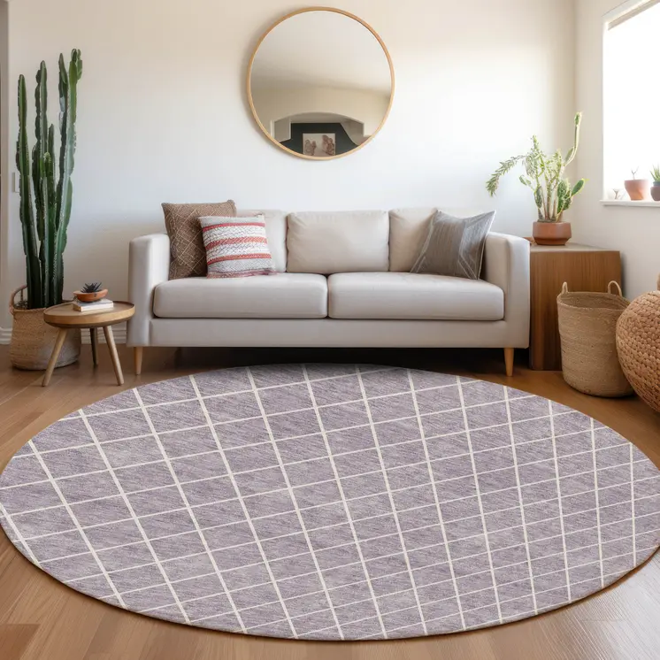 8' Lavender And Ivory Round Geometric Washable Indoor Outdoor Area Rug