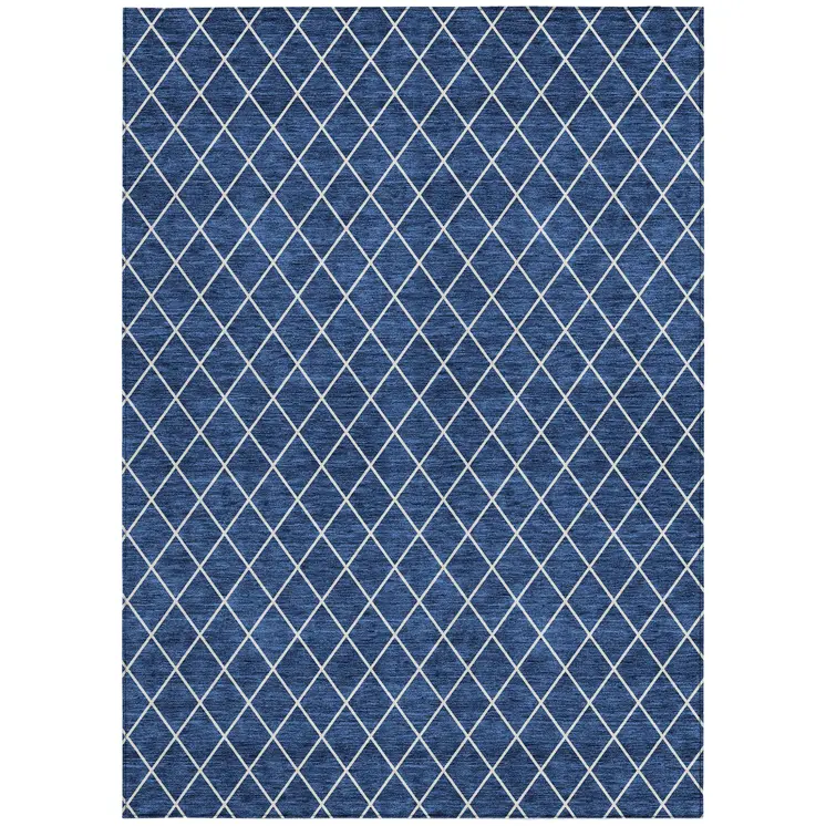3' X 5' Navy Blue And Ivory Geometric Washable Indoor Outdoor Area Rug