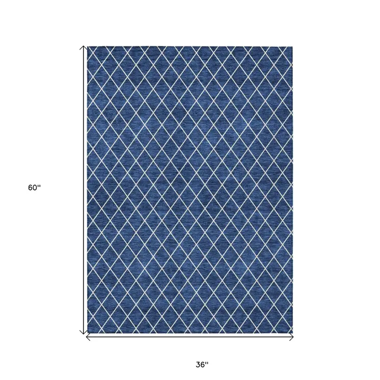3' X 5' Navy Blue And Ivory Geometric Washable Indoor Outdoor Area Rug