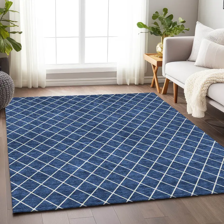 3' X 5' Navy Blue And Ivory Geometric Washable Indoor Outdoor Area Rug