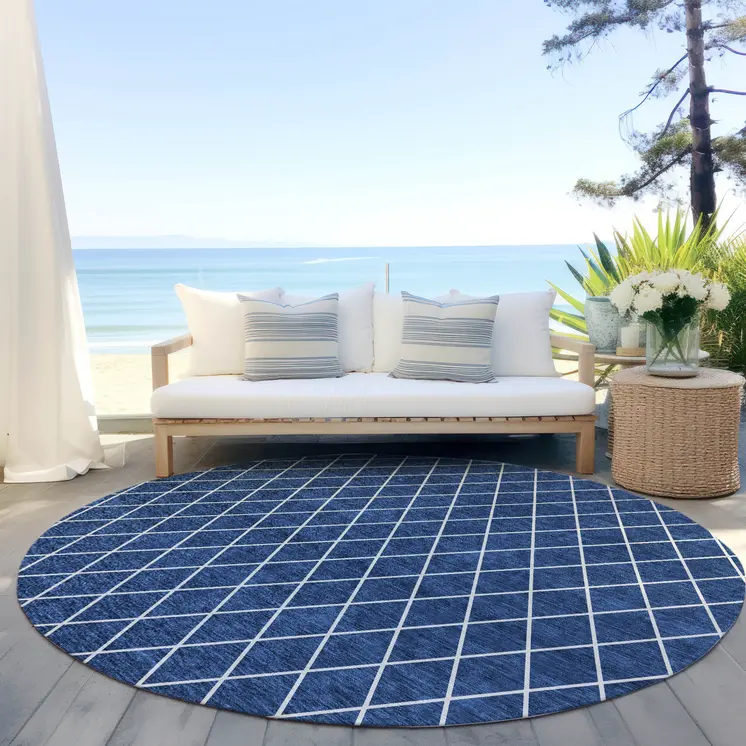8' Navy Blue And Ivory Round Geometric Washable Indoor Outdoor Area Rug