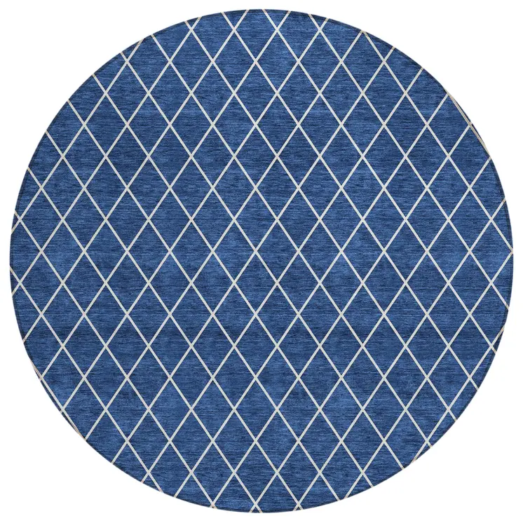 8' Navy Blue And Ivory Round Geometric Washable Indoor Outdoor Area Rug