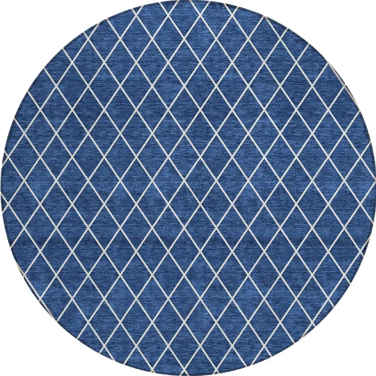 8' Navy Blue And Ivory Round Geometric Washable Indoor Outdoor Area Rug