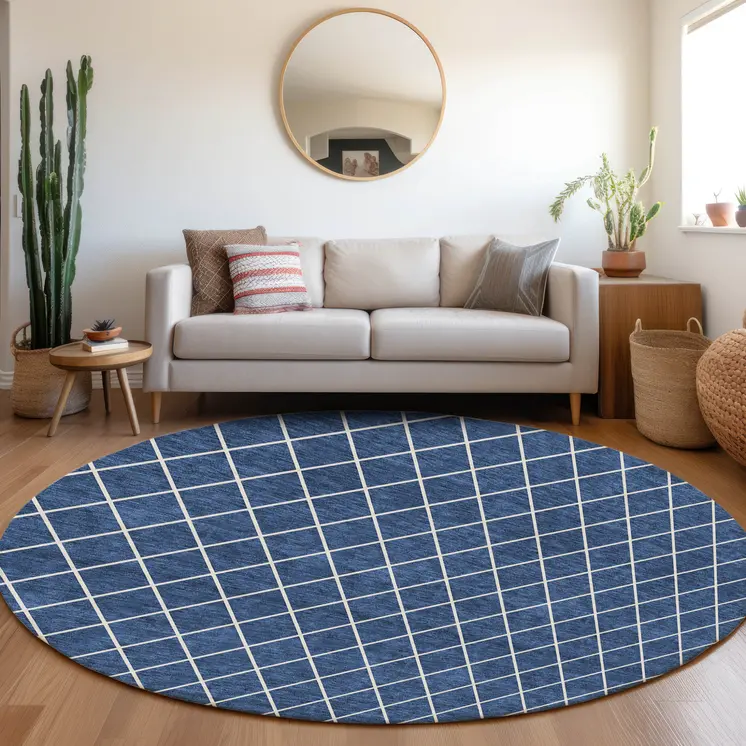 8' Navy Blue And Ivory Round Geometric Washable Indoor Outdoor Area Rug