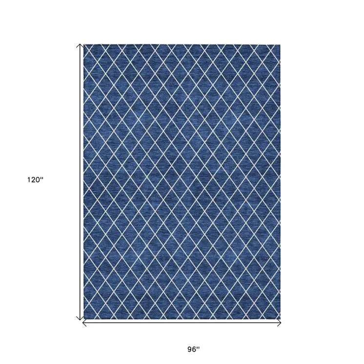 8' X 10' Navy Blue And Ivory Geometric Washable Indoor Outdoor Area Rug