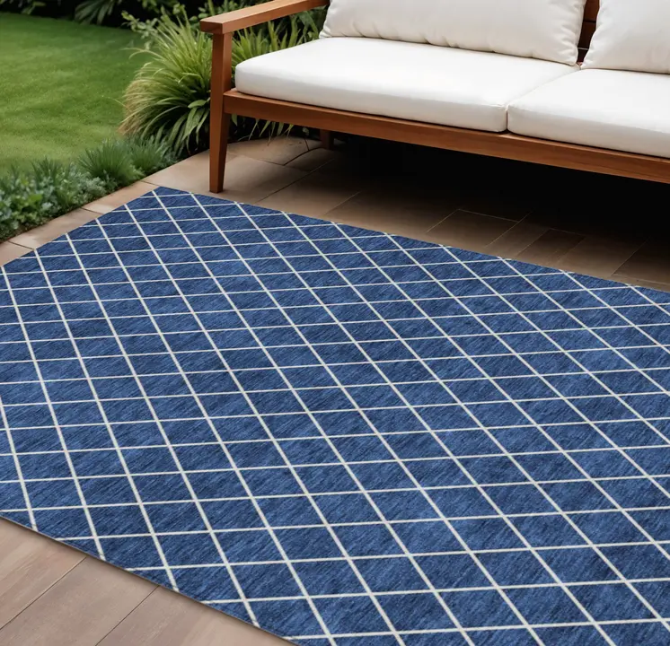 8' X 10' Navy Blue And Ivory Geometric Washable Indoor Outdoor Area Rug