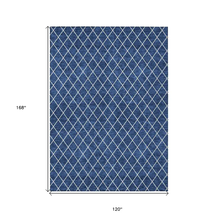 10' X 14' Navy Blue And Ivory Geometric Washable Indoor Outdoor Area Rug
