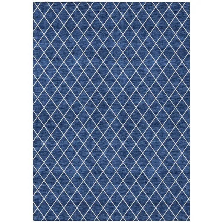 10' X 14' Navy Blue And Ivory Geometric Washable Indoor Outdoor Area Rug