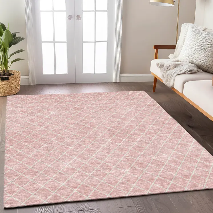 3' X 5' Pink And Gray Geometric Washable Indoor Outdoor Area Rug
