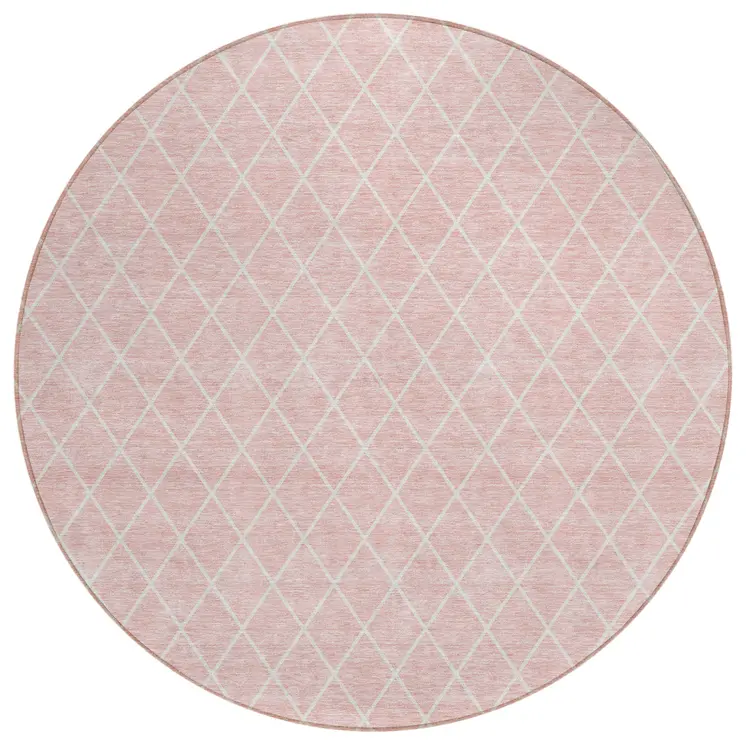 8' Pink And Gray Round Geometric Washable Indoor Outdoor Area Rug