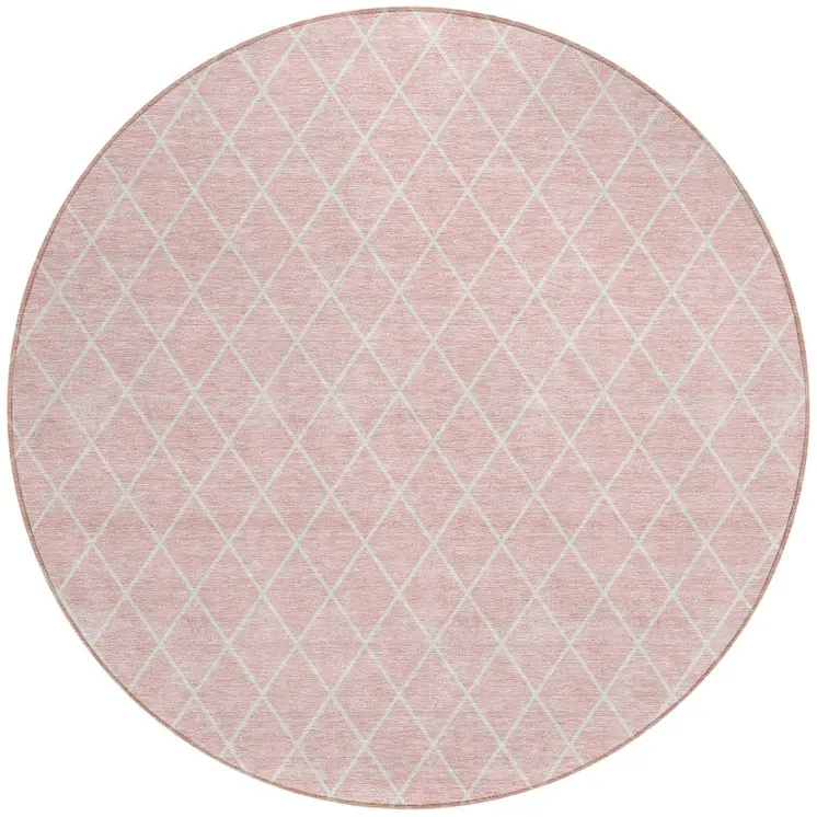 8' Pink And Gray Round Geometric Washable Indoor Outdoor Area Rug