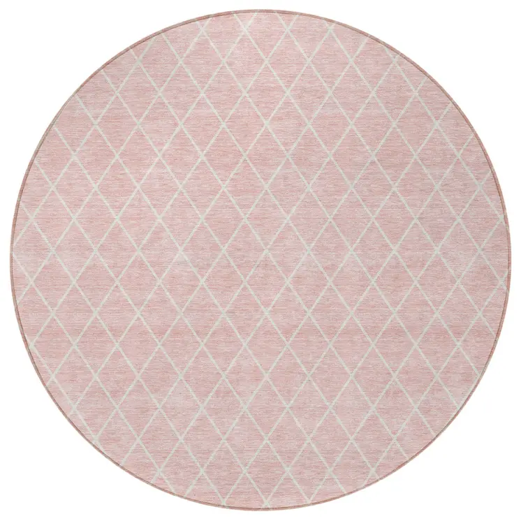 8' Pink And Gray Round Geometric Washable Indoor Outdoor Area Rug
