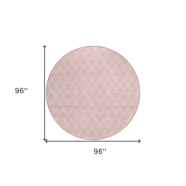 8' Pink And Gray Round Geometric Washable Indoor Outdoor Area Rug