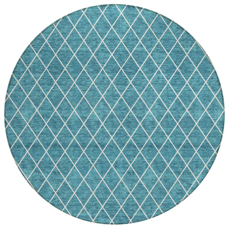 8' Teal Blue And Ivory Round Geometric Washable Indoor Outdoor Area Rug