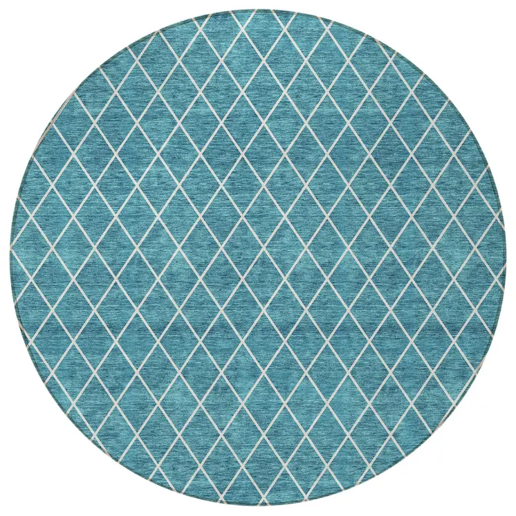 8' Teal Blue And Ivory Round Geometric Washable Indoor Outdoor Area Rug