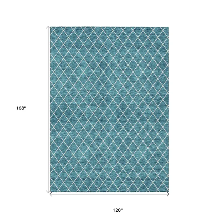 10' X 14' Teal Blue And Ivory Geometric Washable Indoor Outdoor Area Rug