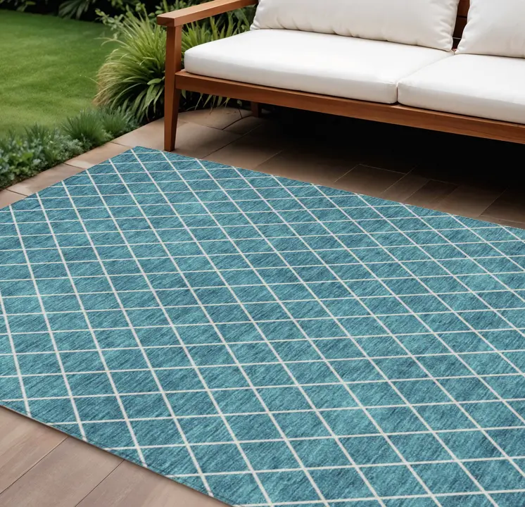 10' X 14' Teal Blue And Ivory Geometric Washable Indoor Outdoor Area Rug