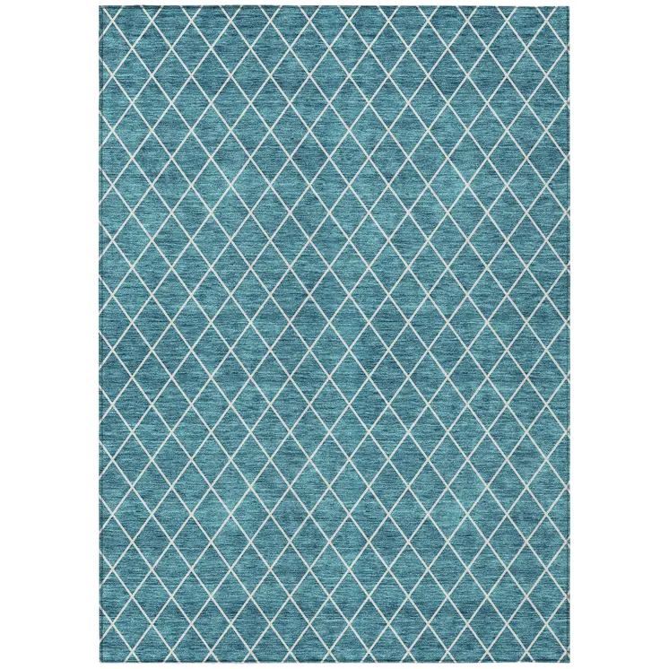 10' X 14' Teal Blue And Ivory Geometric Washable Indoor Outdoor Area Rug