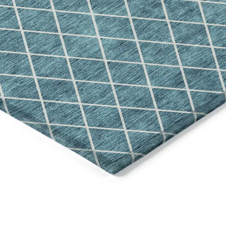 10' X 14' Teal Blue And Ivory Geometric Washable Indoor Outdoor Area Rug