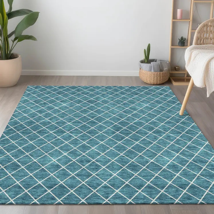 10' X 14' Teal Blue And Ivory Geometric Washable Indoor Outdoor Area Rug