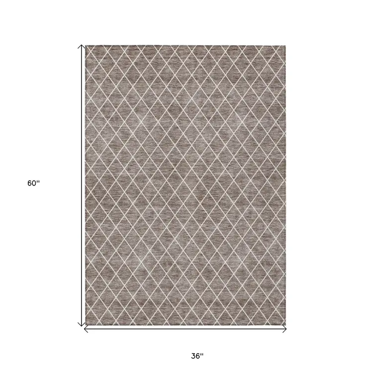 3' X 5' Taupe And Ivory Geometric Washable Indoor Outdoor Area Rug