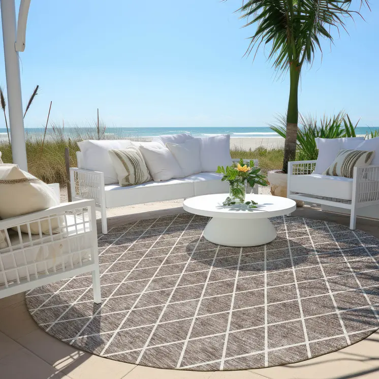 8' Taupe And Ivory Round Geometric Washable Indoor Outdoor Area Rug