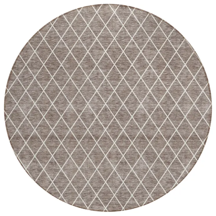 8' Taupe And Ivory Round Geometric Washable Indoor Outdoor Area Rug