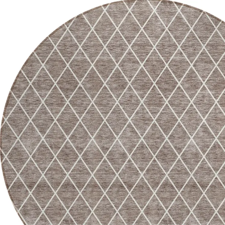 8' Taupe And Ivory Round Geometric Washable Indoor Outdoor Area Rug