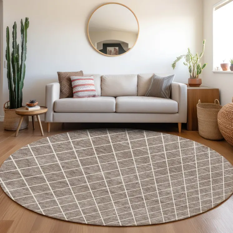 8' Taupe And Ivory Round Geometric Washable Indoor Outdoor Area Rug