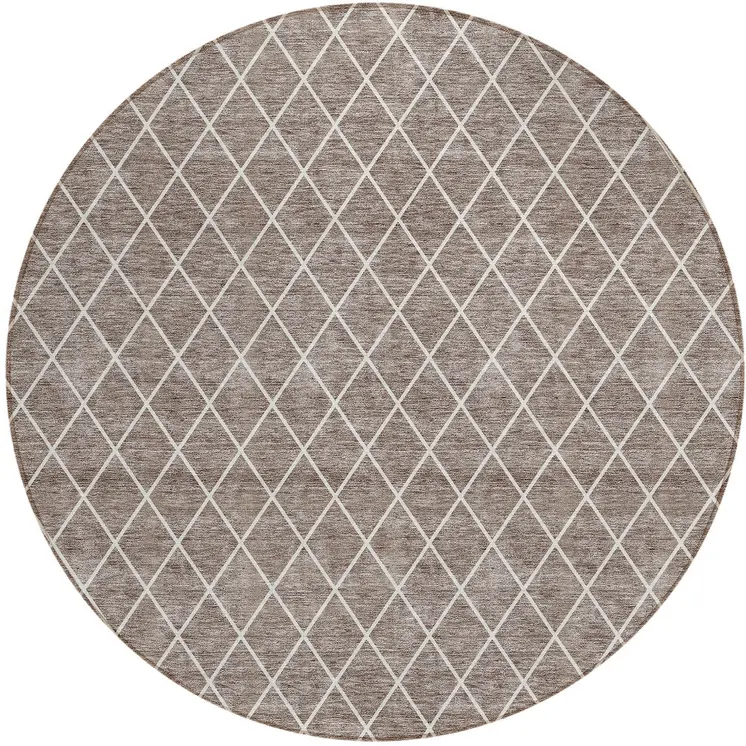 8' Taupe And Ivory Round Geometric Washable Indoor Outdoor Area Rug