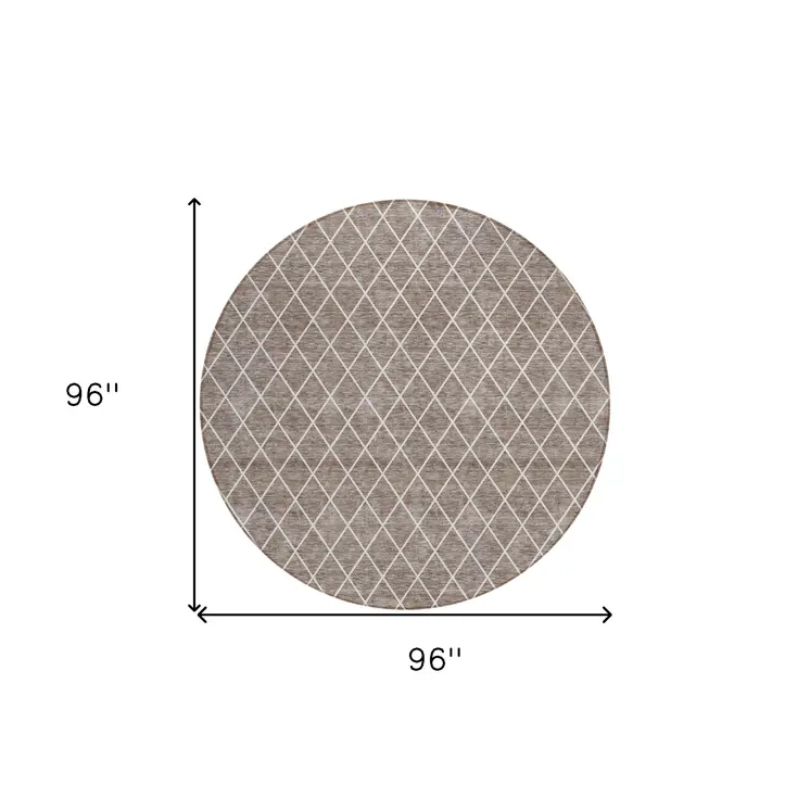 8' Taupe And Ivory Round Geometric Washable Indoor Outdoor Area Rug