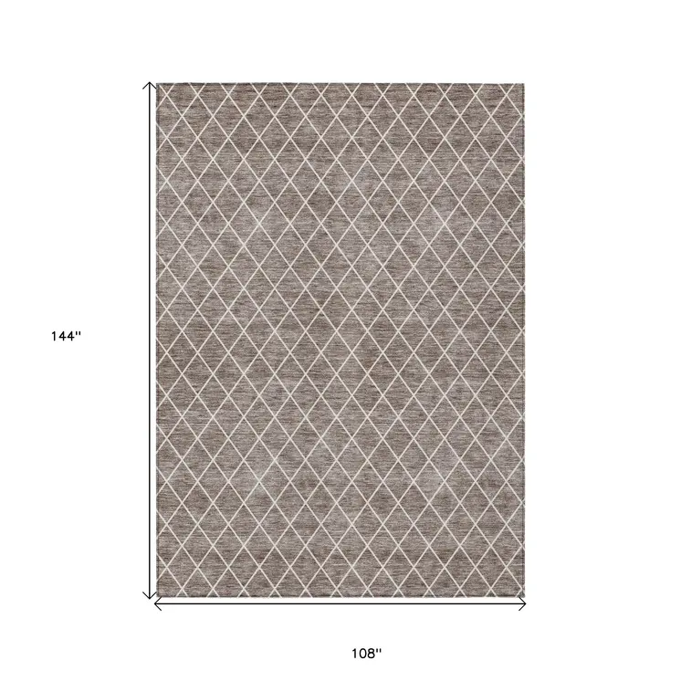 9' X 12' Taupe And Ivory Geometric Washable Indoor Outdoor Area Rug