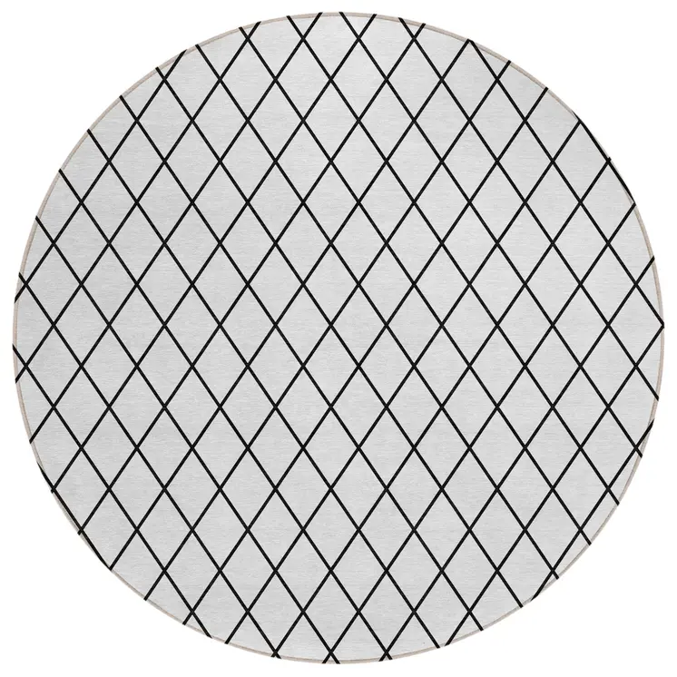 8' White And Black Round Geometric Washable Indoor Outdoor Area Rug
