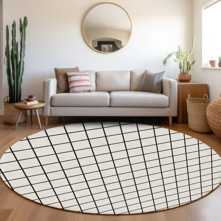 8' White And Black Round Geometric Washable Indoor Outdoor Area Rug