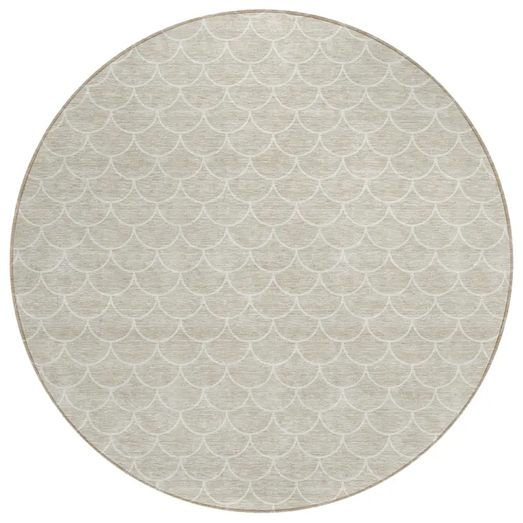 8' Beige And Ivory Round Geometric Washable Indoor Outdoor Area Rug