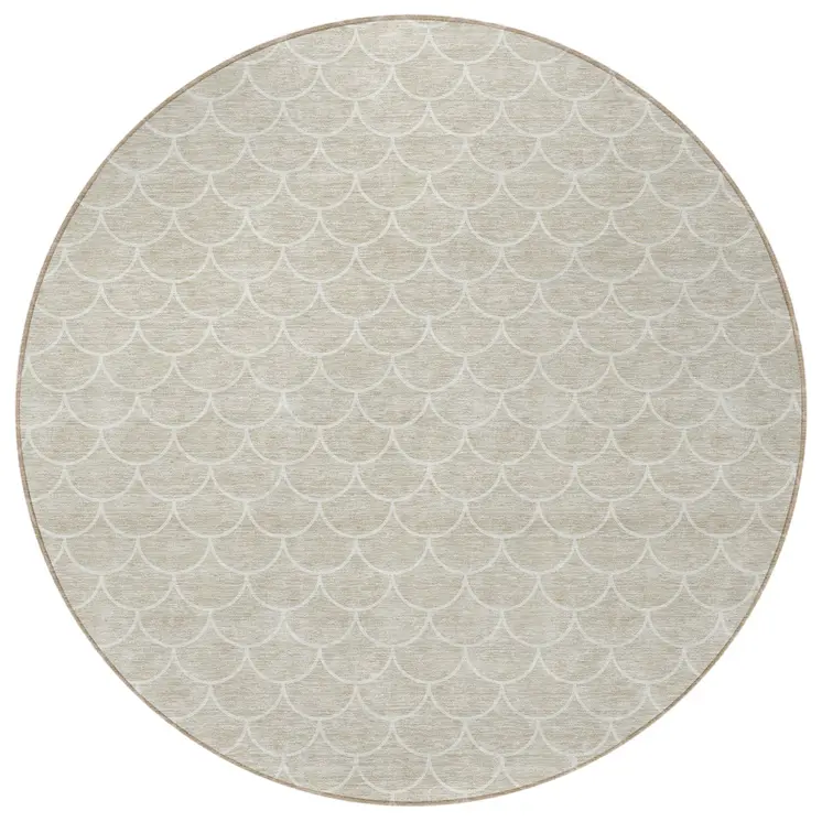 8' Beige And Ivory Round Geometric Washable Indoor Outdoor Area Rug
