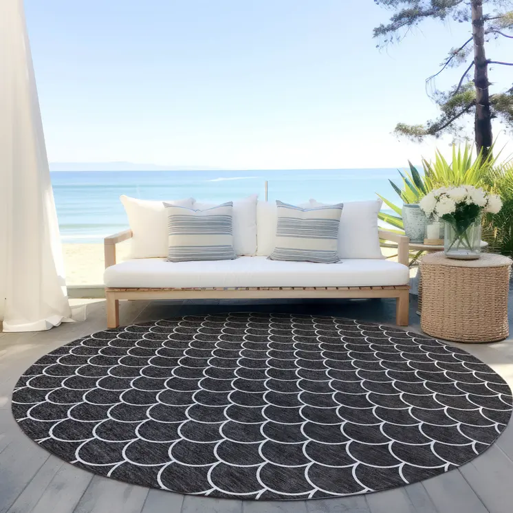 8' Black And Ivory Round Geometric Washable Indoor Outdoor Area Rug