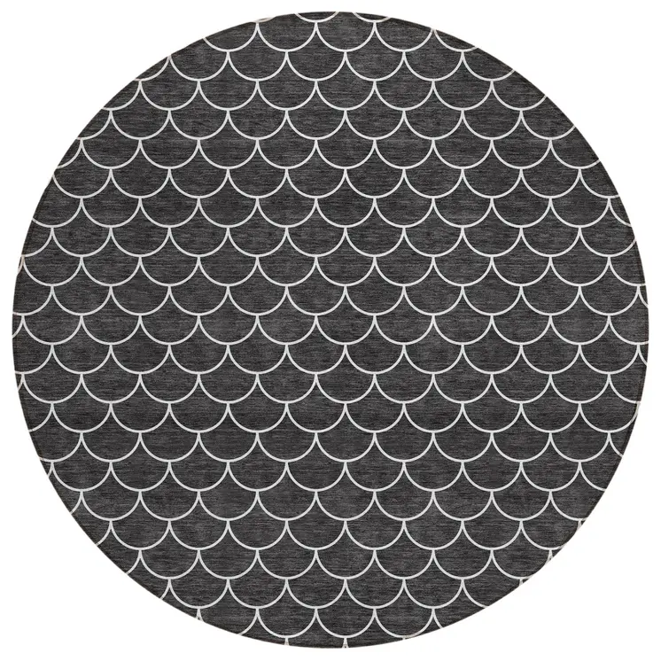 8' Black And Ivory Round Geometric Washable Indoor Outdoor Area Rug